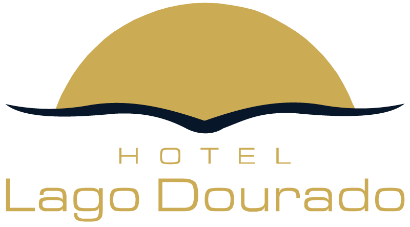 Logotipo do Hotel Lago Dourado, com ícone dourado representando o pôr do sol sobre o lago.
